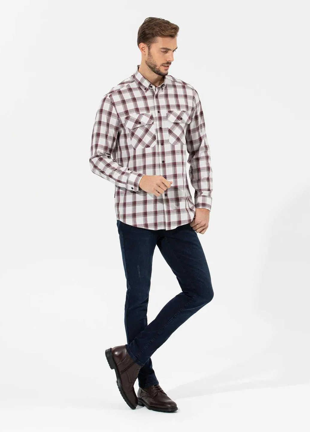 Бордовая кэжуал рубашка в клетку Pierre Cardin