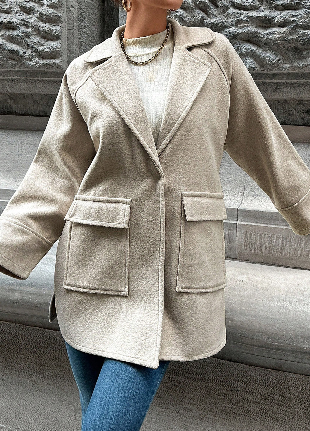 Сіро-бежеве Кежуал напівпальто однобортне SHEIN однотонне