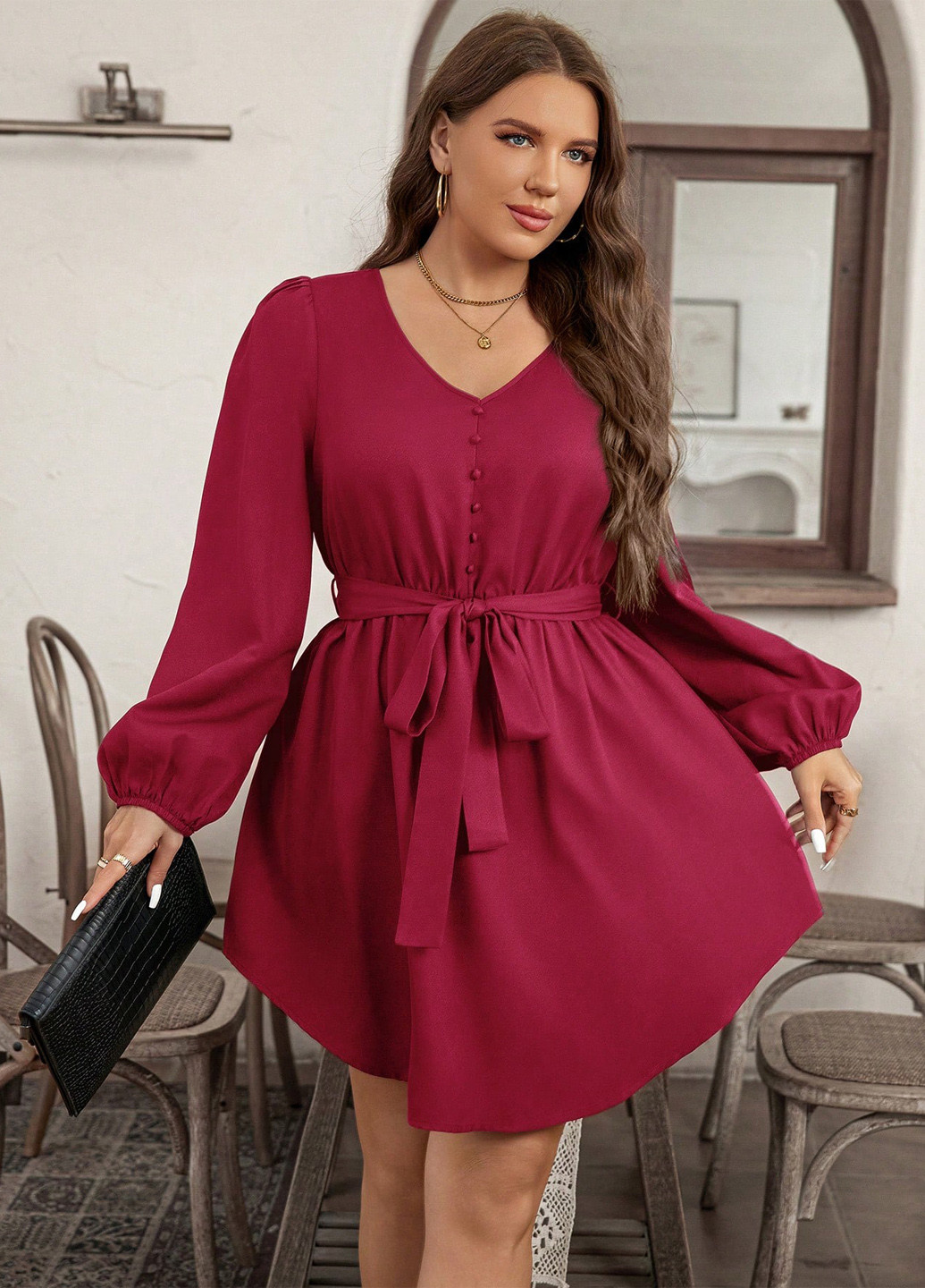 Вишнева святковий, коктейльна, вечірня сукня кльош, а-силует SHEIN однотонна