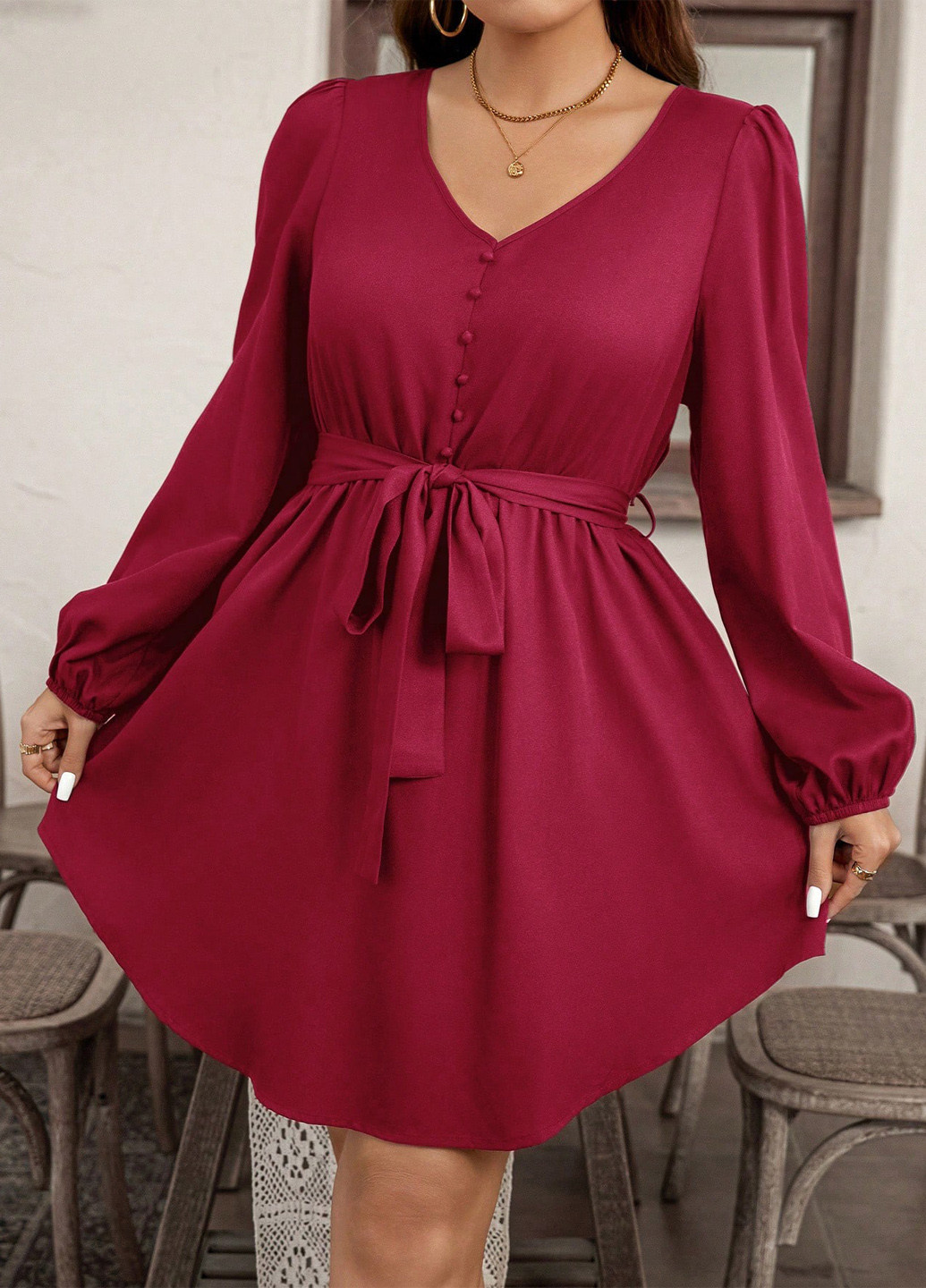 Вишнева святковий, коктейльна, вечірня сукня кльош, а-силует SHEIN однотонна