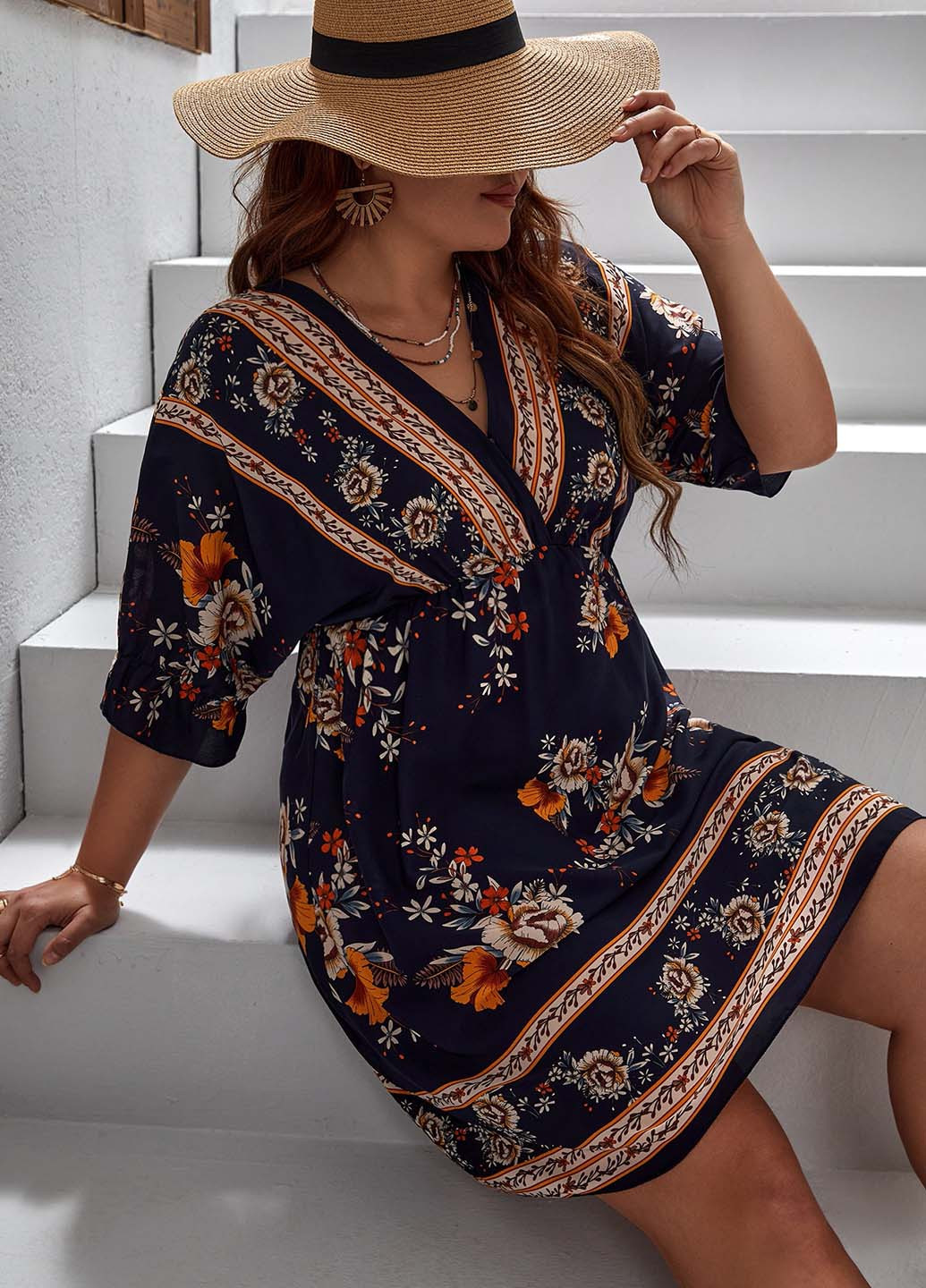 Темно-синя кежуал сукня в стилі армпір SHEIN з орнаментом