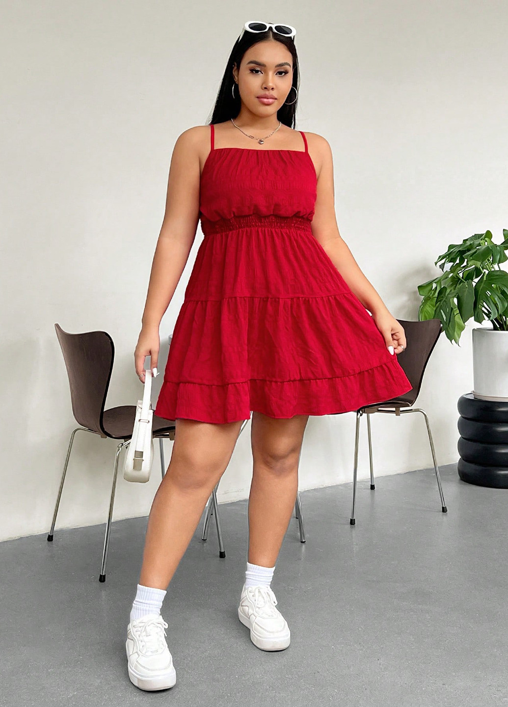 Красное кэжуал платье в стиле ампир SHEIN однотонное