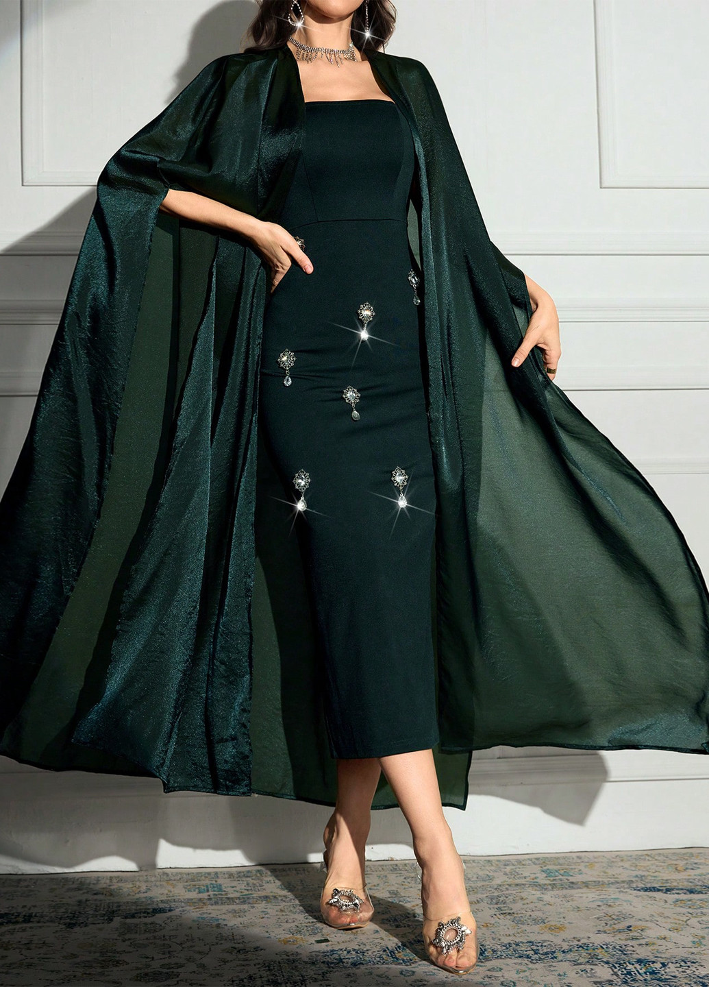 Темно-зелений демісезонний комплект (сукня, накидка) SHEIN