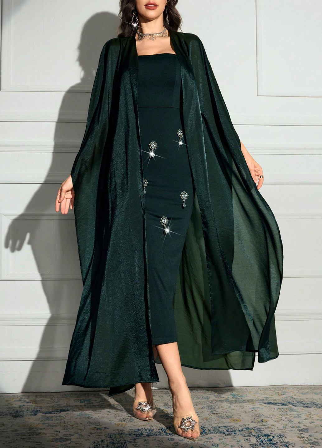 Темно-зелений демісезонний комплект (сукня, накидка) SHEIN