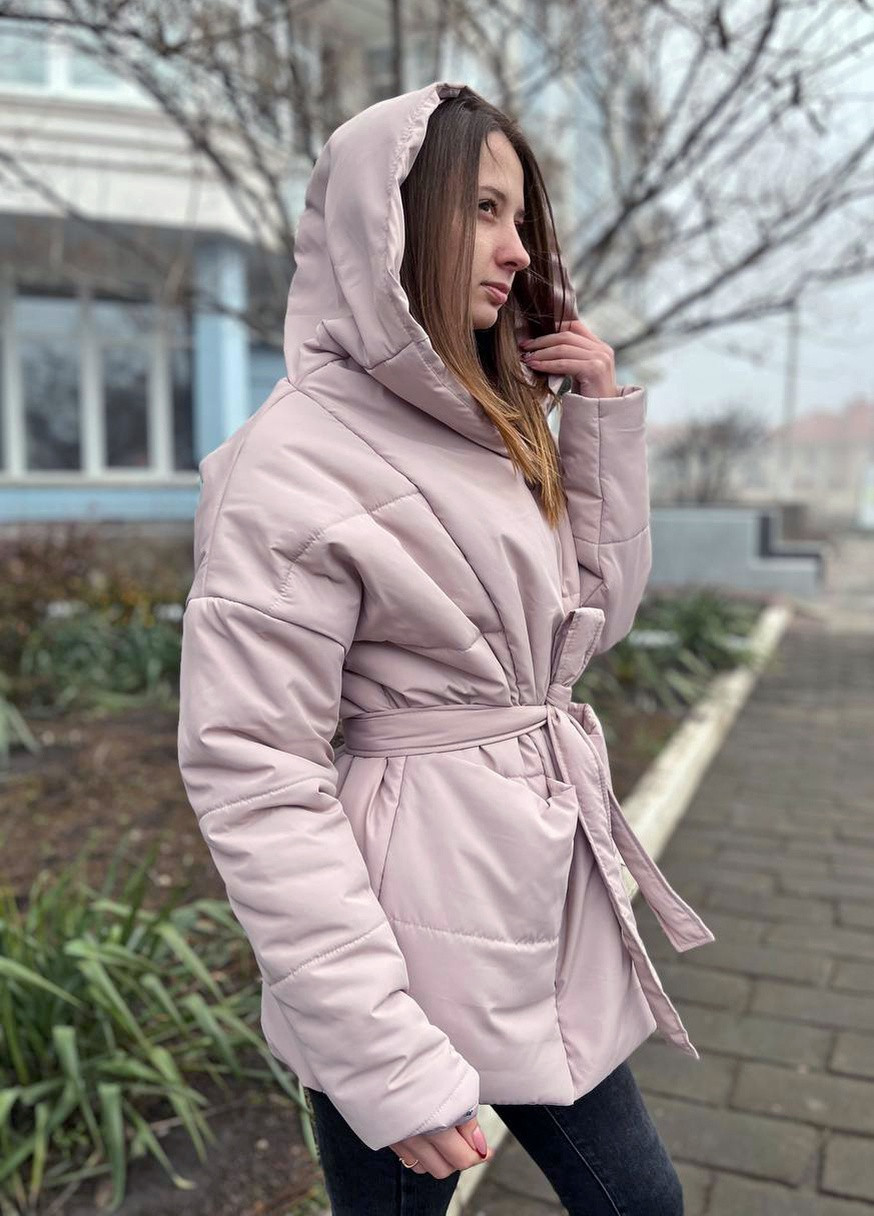 Пудровая зимняя женская куртка с поясом Hand Made