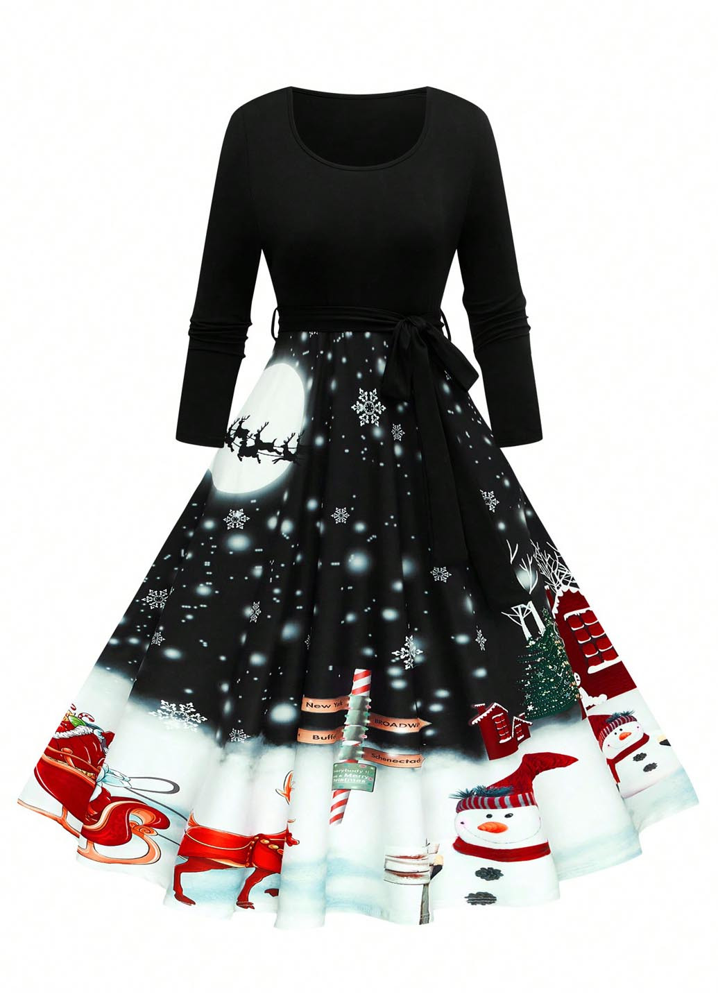 Черное кэжуал платье с юбкой-солнце SHEIN с новогодним принтом