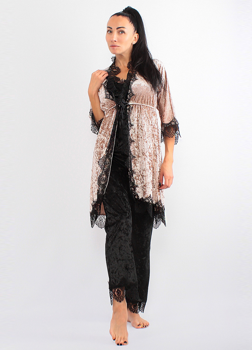 Бежевий демісезонний комплект (халат, топ, штани) Ghazel