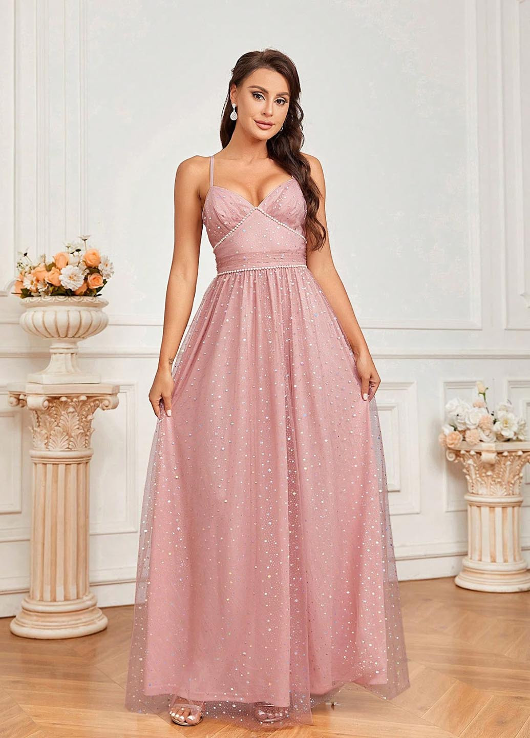 Светло-розовое праздничный платье а-силуэт SHEIN однотонное