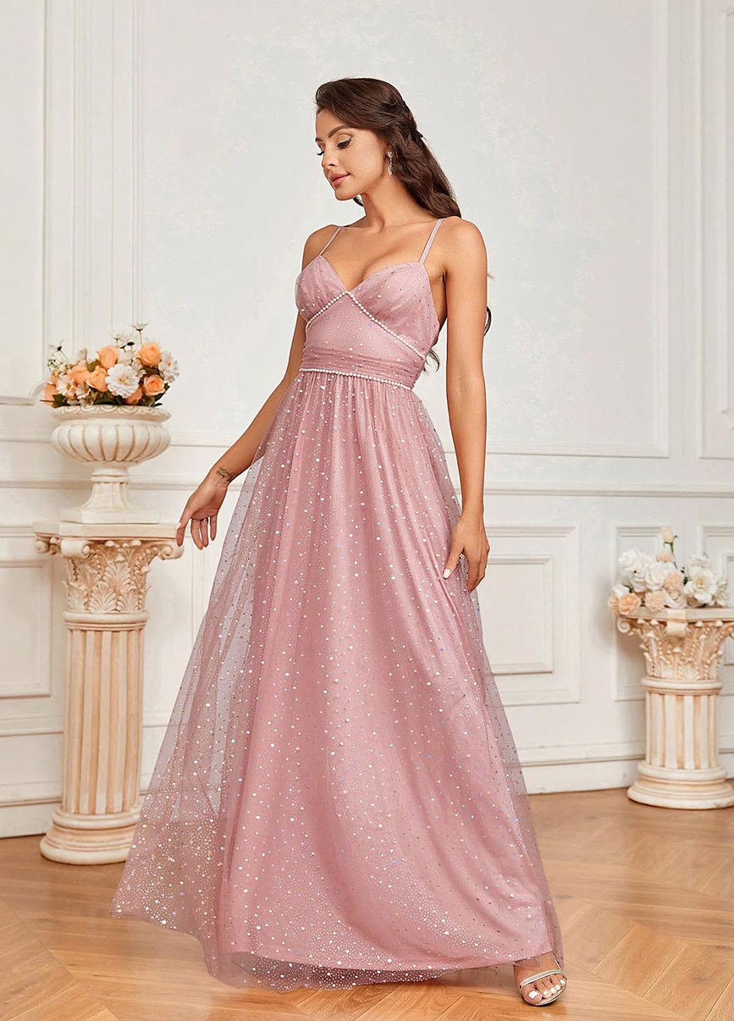 Светло-розовое праздничный платье а-силуэт SHEIN однотонное