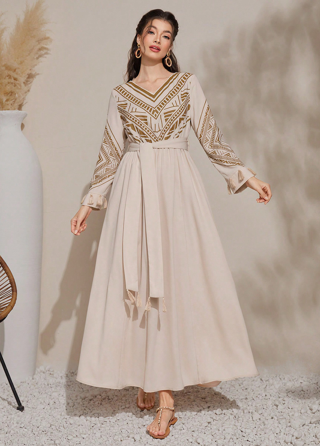 Бежева святковий, кежуал сукня кльош SHEIN з геометричним візерунком