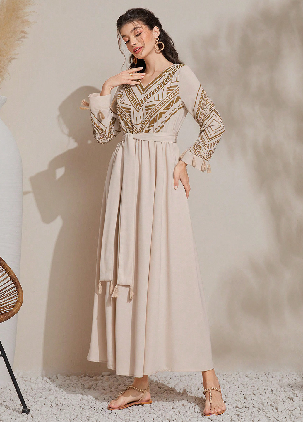 Бежева святковий, кежуал сукня кльош SHEIN з геометричним візерунком