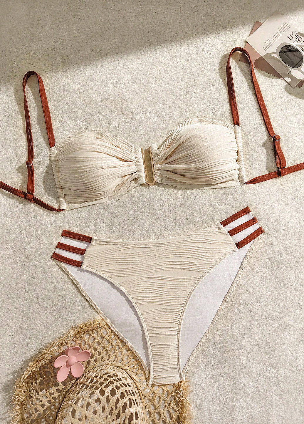 Светло-бежевый демисезонный купальник (лиф, трусики) балконет, раздельный SHEIN