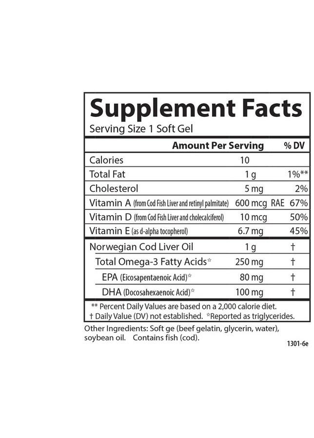 Cod Liver Oil Gems 1000 mg 100 Soft Gels Carlson Labs (256380107)