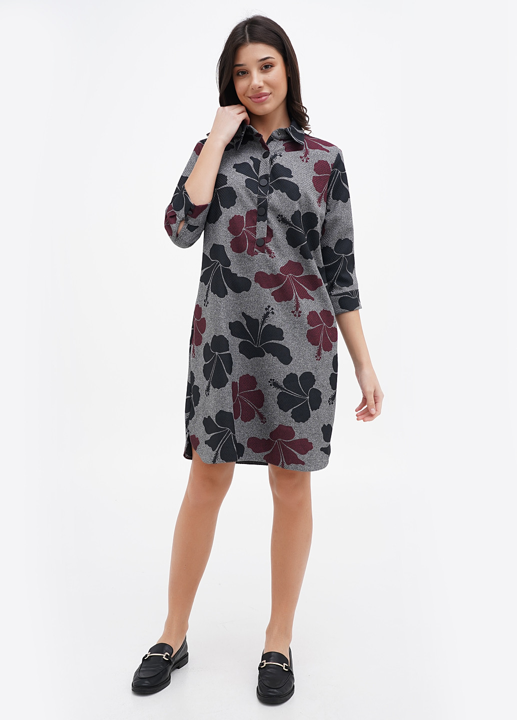 Бордовое кэжуал платье рубашка Sassofono с цветочным принтом