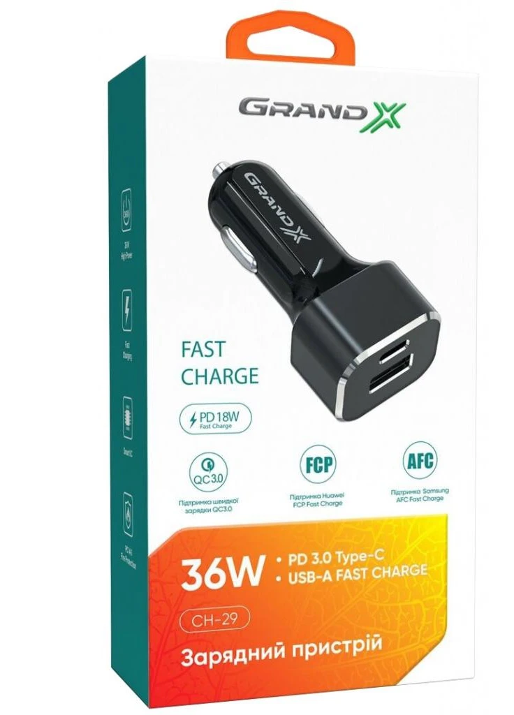 Зарядний пристрій CH-29 PD 3.0, Quick Charge QС3.0, 1 TypeC, 1 USB (CH-29) Grand-X (216637371)