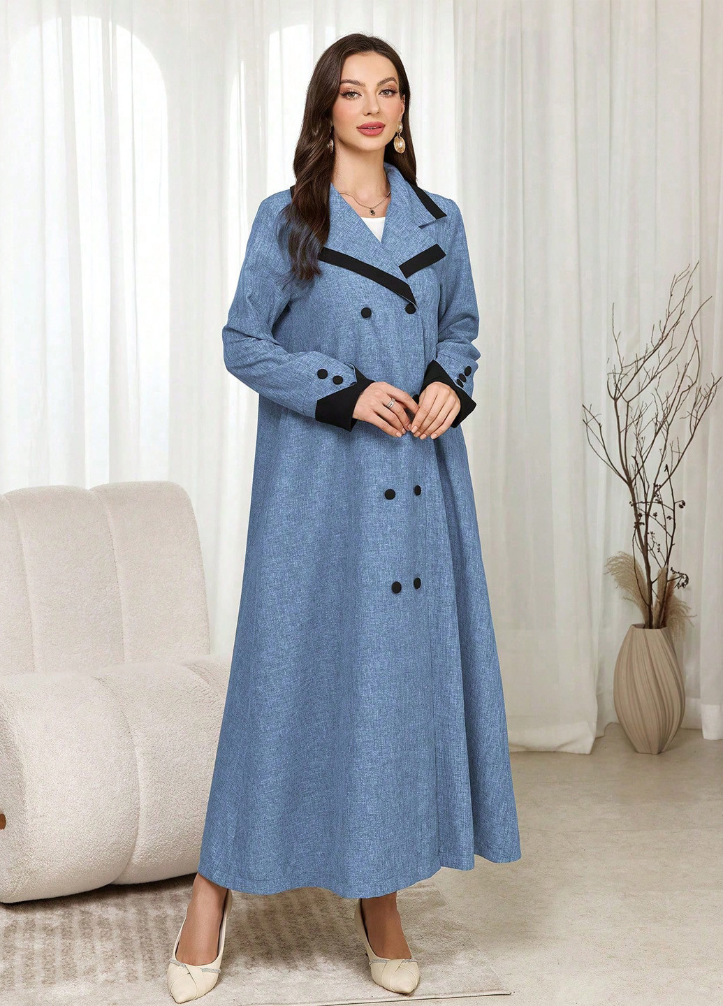 Сіро-синє демісезонне Пальто двобортне SHEIN