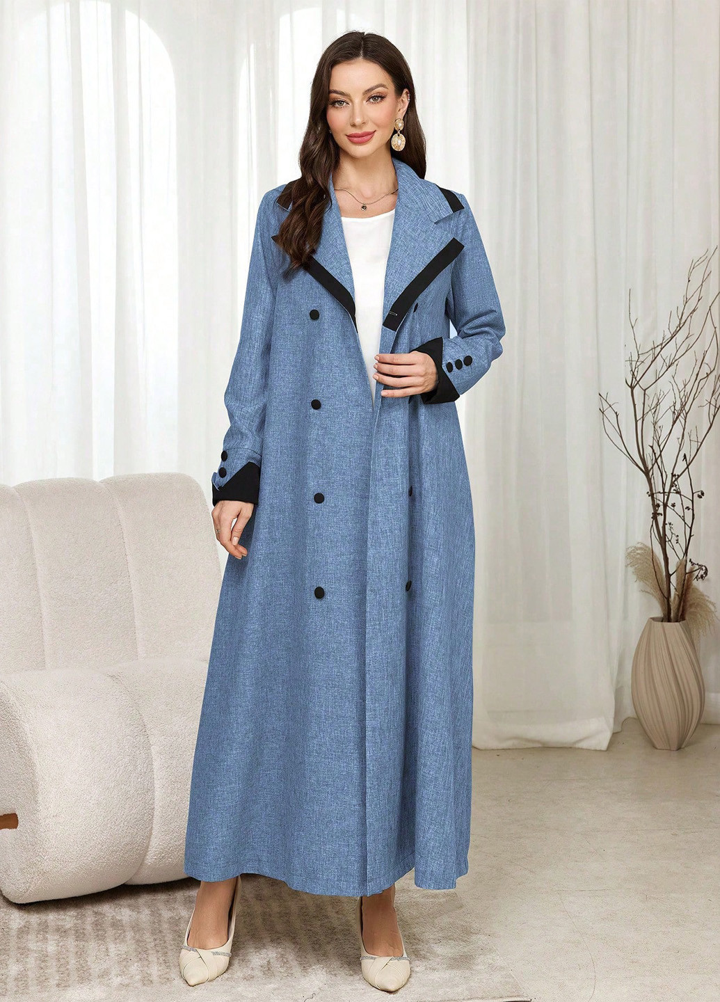 Сіро-синє демісезонне Пальто двобортне SHEIN