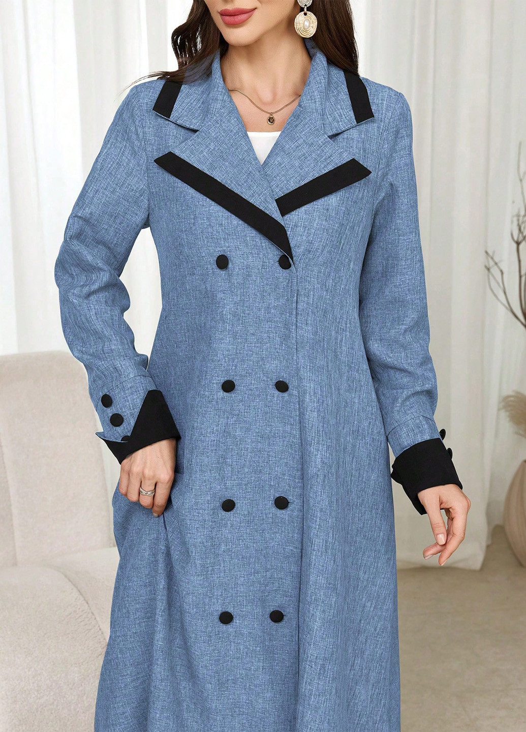 Сіро-синє демісезонне Пальто двобортне SHEIN