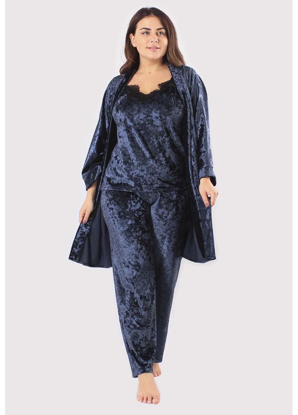 Синій демісезонний комплект халат + майка + брюки Ghazel