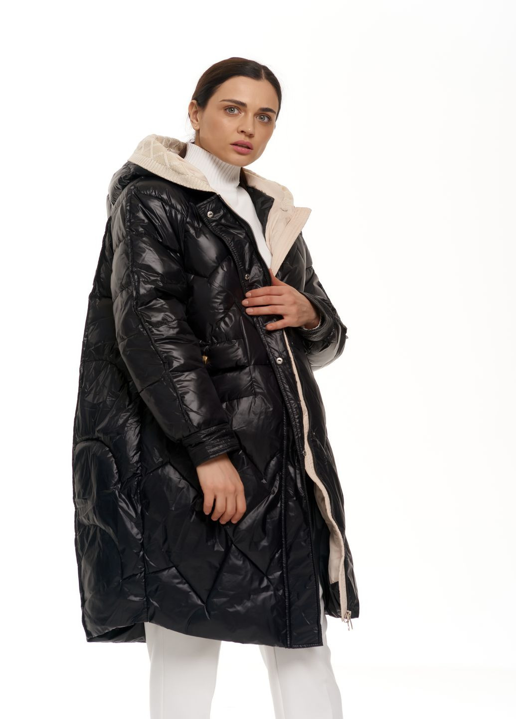 Черная зимняя подовжений теплий пальто-пуховик з кап'юшоном Actors