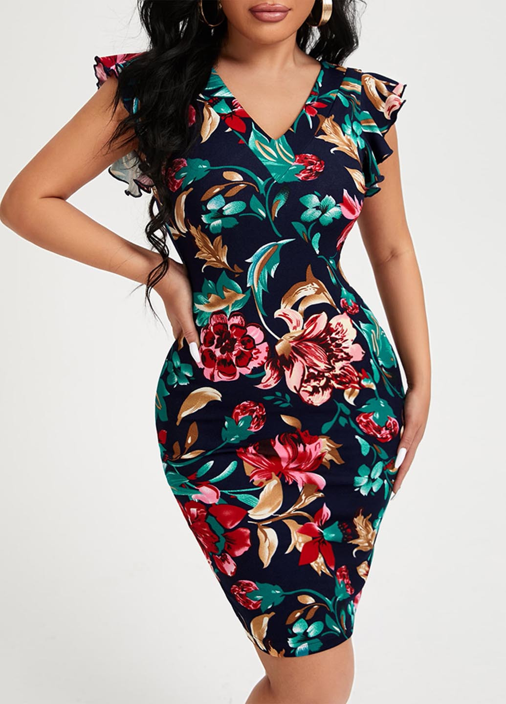 Темно-синя святковий, вечірня, кежуал сукня футляр SHEIN з квітковим принтом