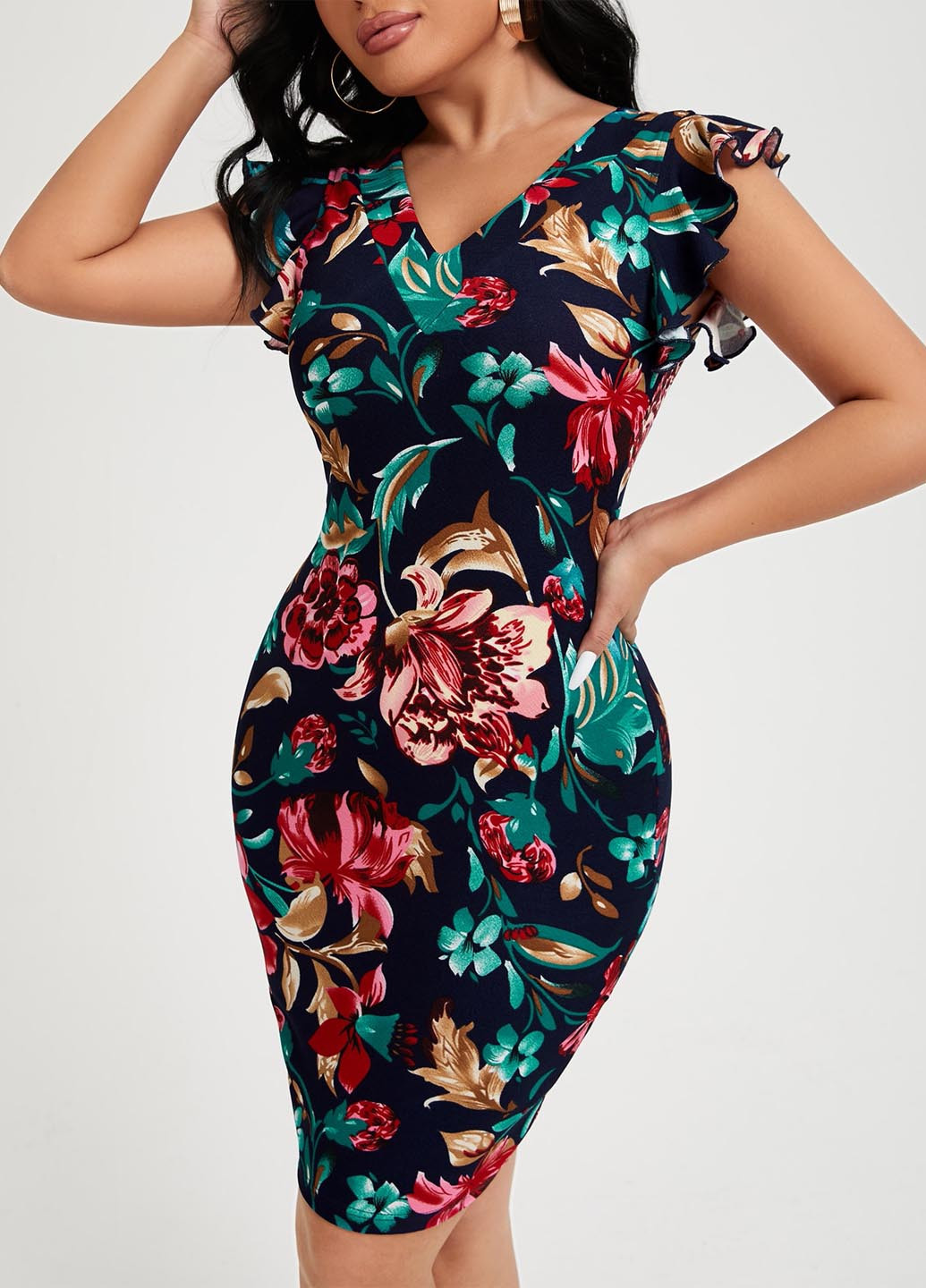 Темно-синя святковий, вечірня, кежуал сукня футляр SHEIN з квітковим принтом