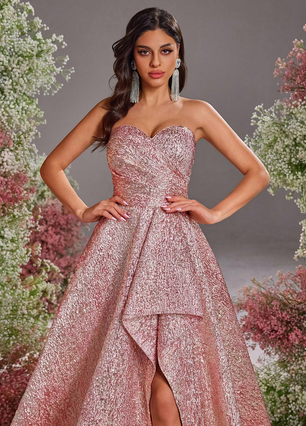 Пудрова святковий, вечірня сукня кльош, з відкритою спиною SHEIN однотонна