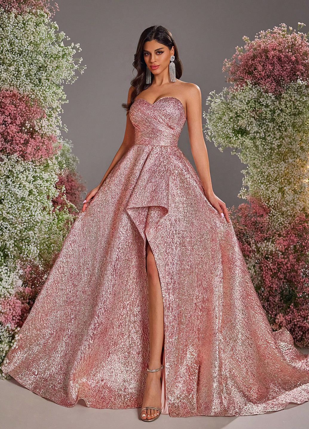 Пудрова святковий, вечірня сукня кльош, з відкритою спиною SHEIN однотонна