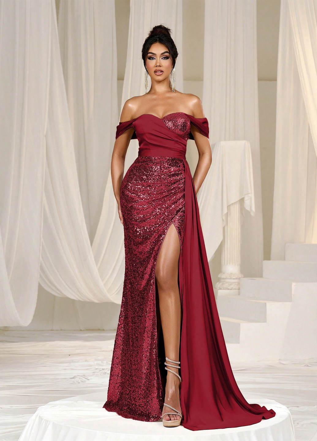 Бордова вечірня сукня з відкритими плечима SHEIN однотонна