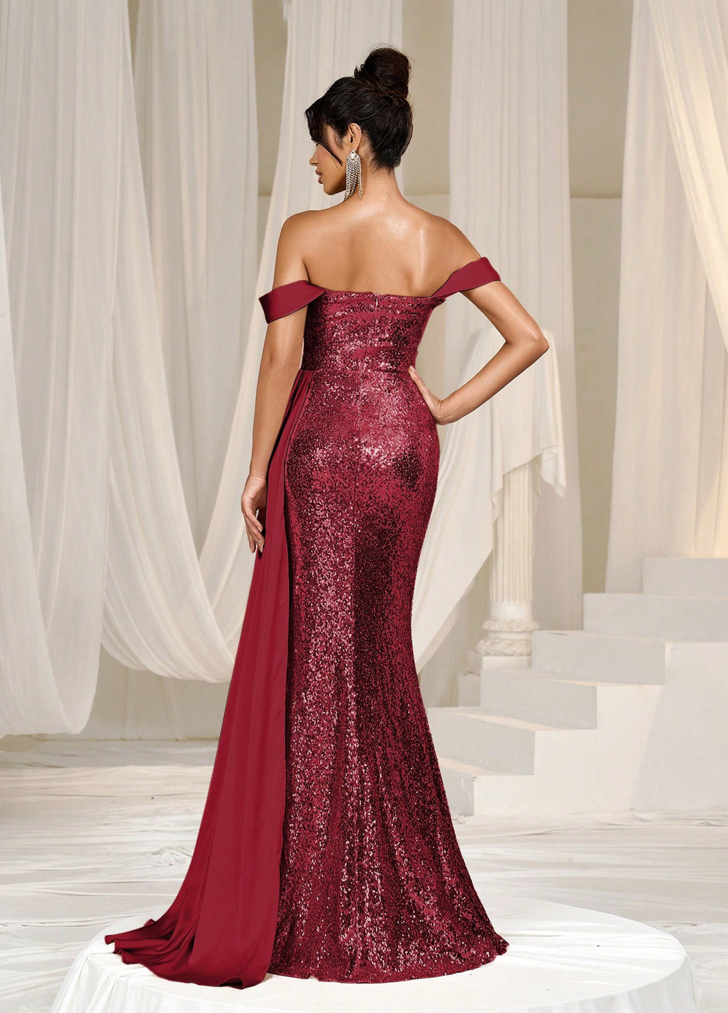 Бордова вечірня сукня з відкритими плечима SHEIN однотонна