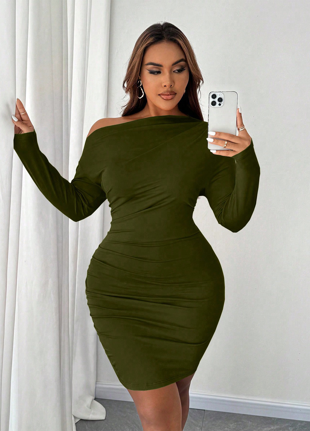 Оливковое (хаки) кэжуал платье силуэтная SHEIN однотонное