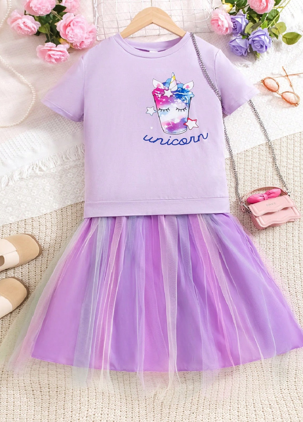 Фіолетовий літній костюм (футболка, спідниця) SHEIN