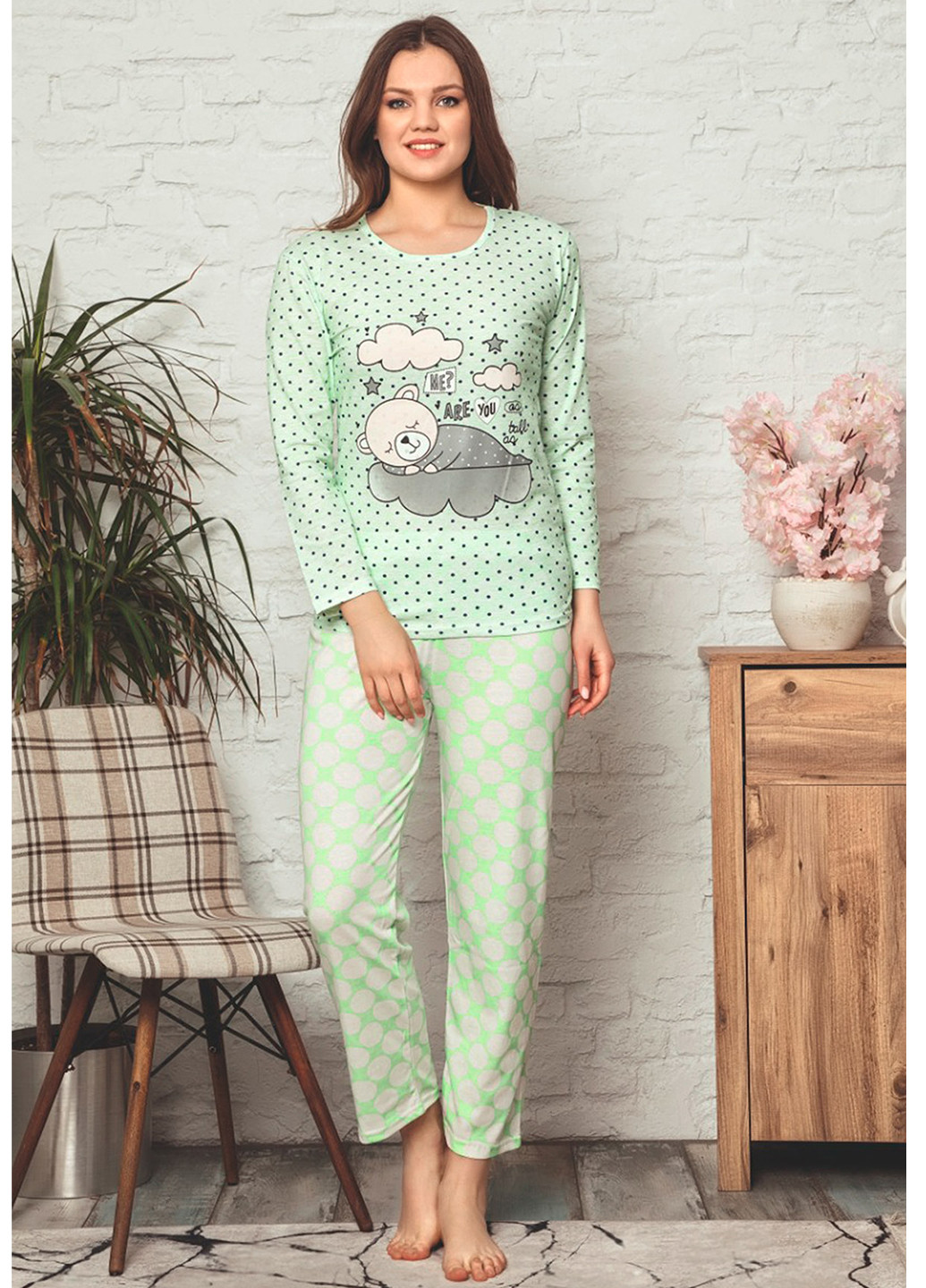 Светло-зеленая всесезон пижама (лонгслив, брюки) лонгслив + брюки ZENNE GIYIM