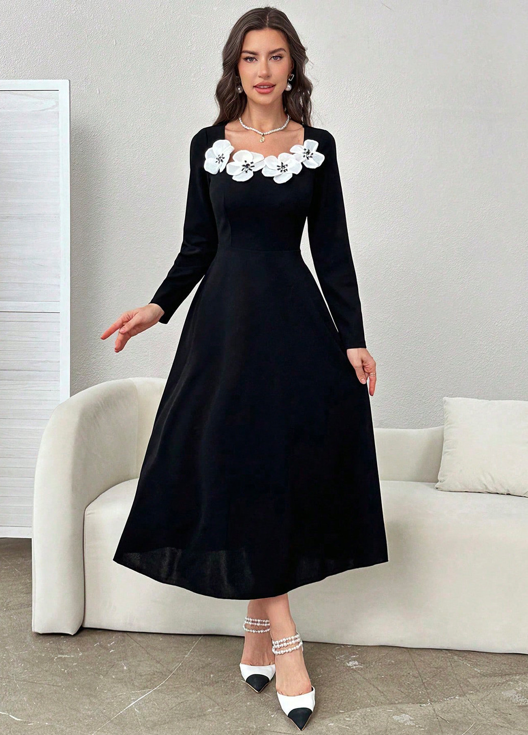 Чорна кежуал сукня з пишною спідницею SHEIN однотонна