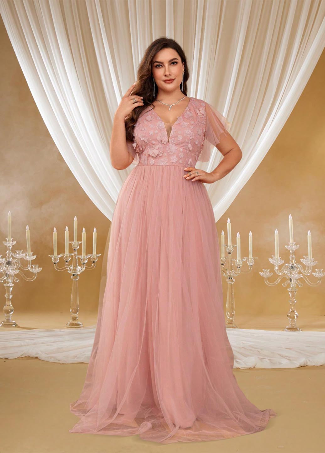 Розовое вечернее платье а-силуэт SHEIN однотонное