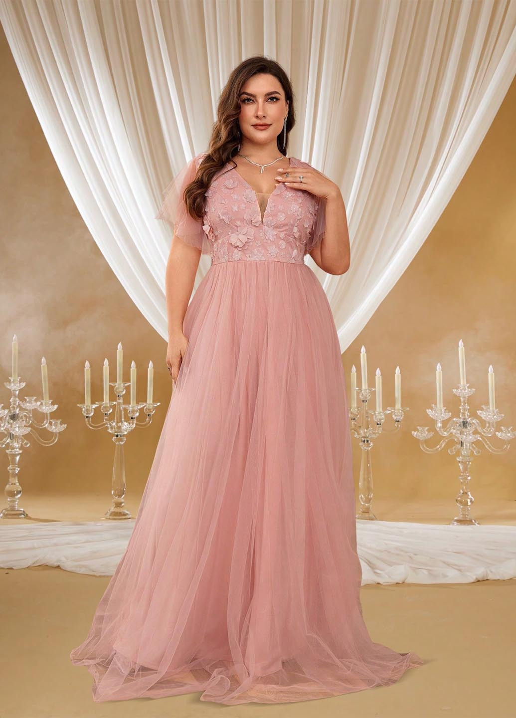 Розовое вечернее платье а-силуэт SHEIN однотонное