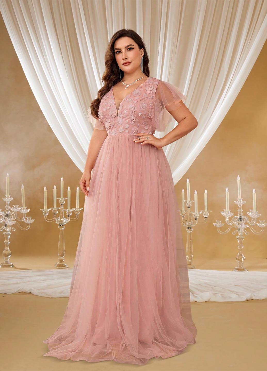 Розовое вечернее платье а-силуэт SHEIN однотонное