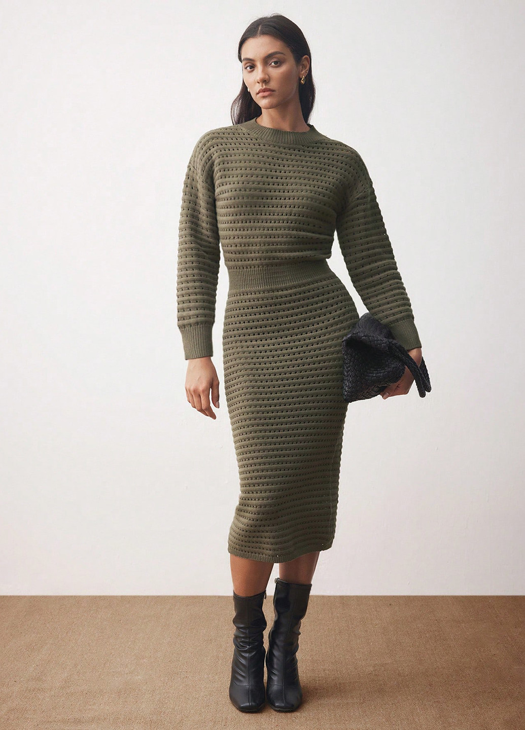 Оливковое (хаки) кэжуал платье платье-свитер, футляр SHEIN однотонное