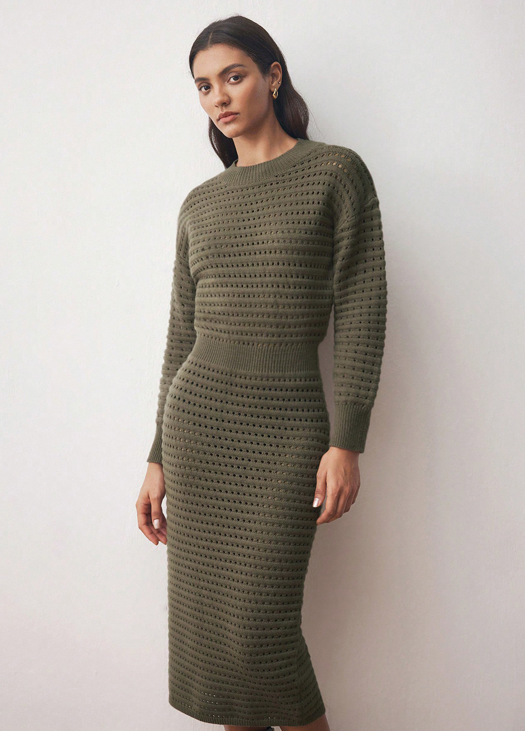 Оливковое (хаки) кэжуал платье платье-свитер, футляр SHEIN однотонное