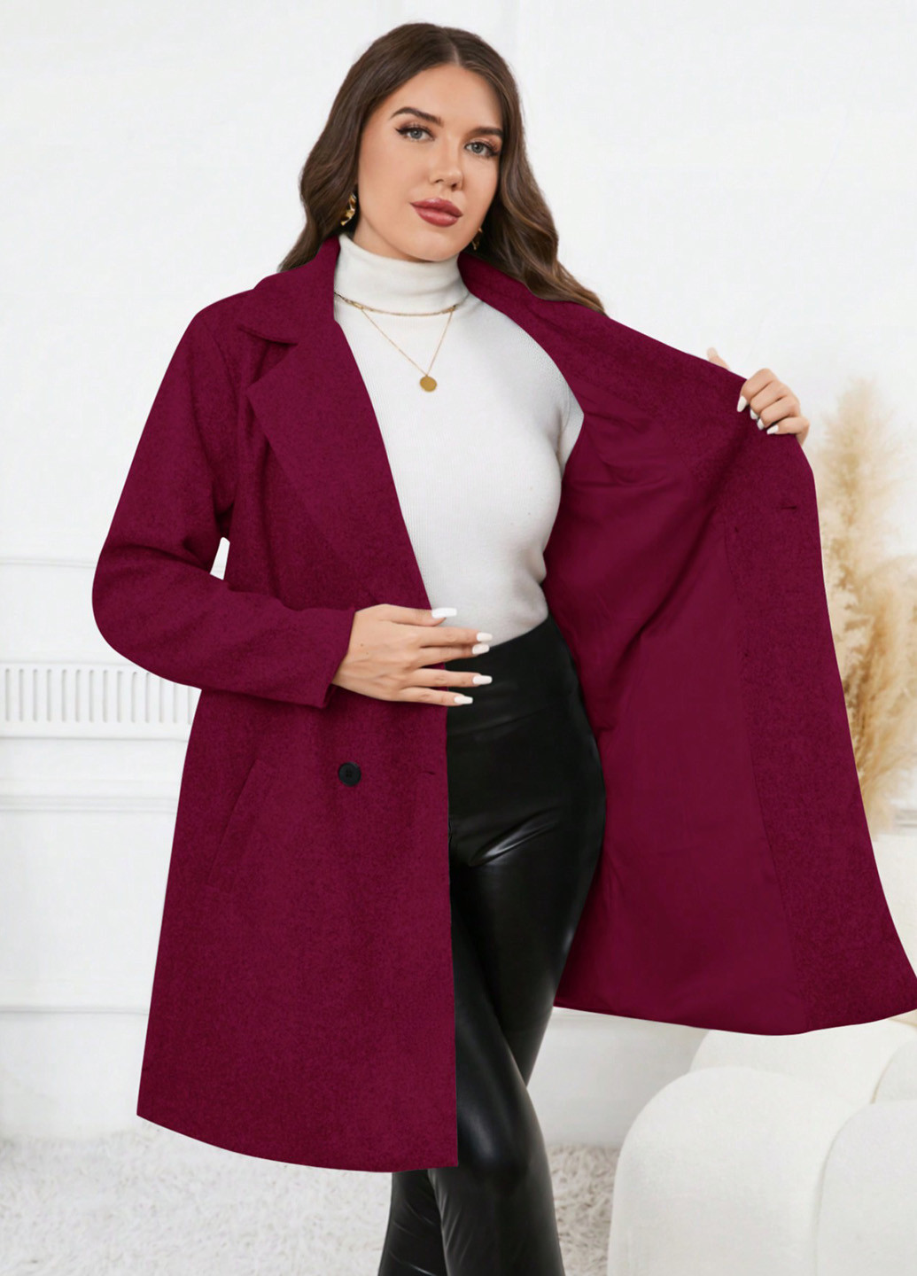 Фуксинове (колору Фукія) демісезонне Пальто двобортне SHEIN