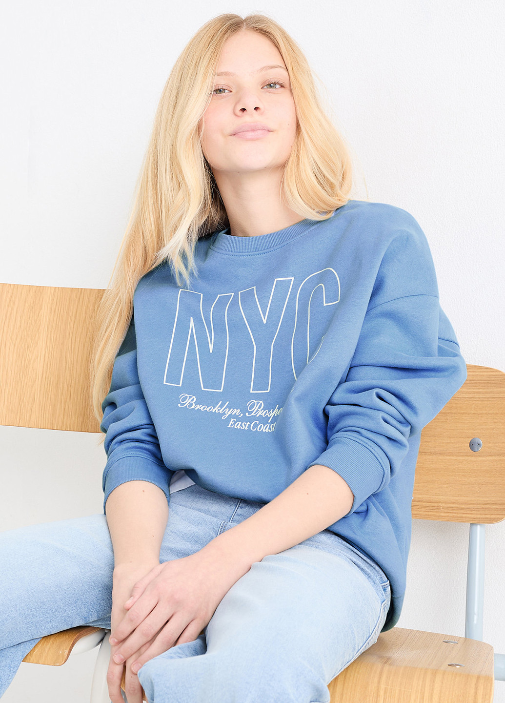 C&A світшот напис світло-синій спортивний, кежуал футер, бавовна