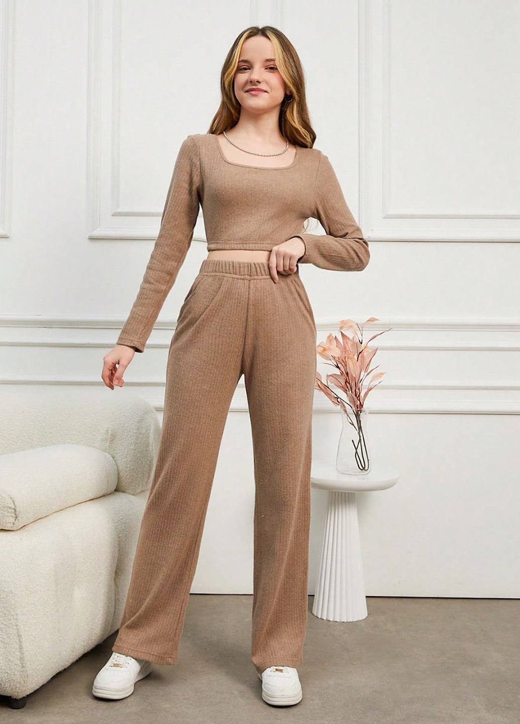Коричневый летний костюм (топ, брюки) SHEIN