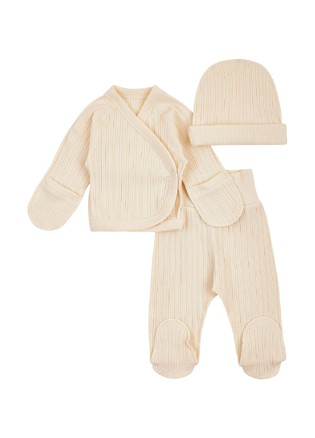 Молочний демісезонний комплект (распашонка, повзунки, шапка) Ляля