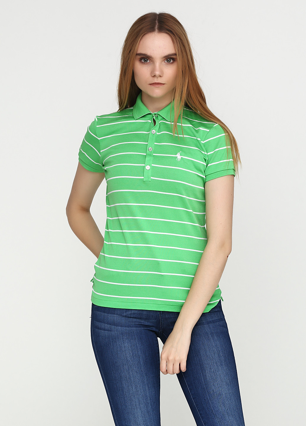 Зеленая женская футболка-поло Ralph Lauren в полоску