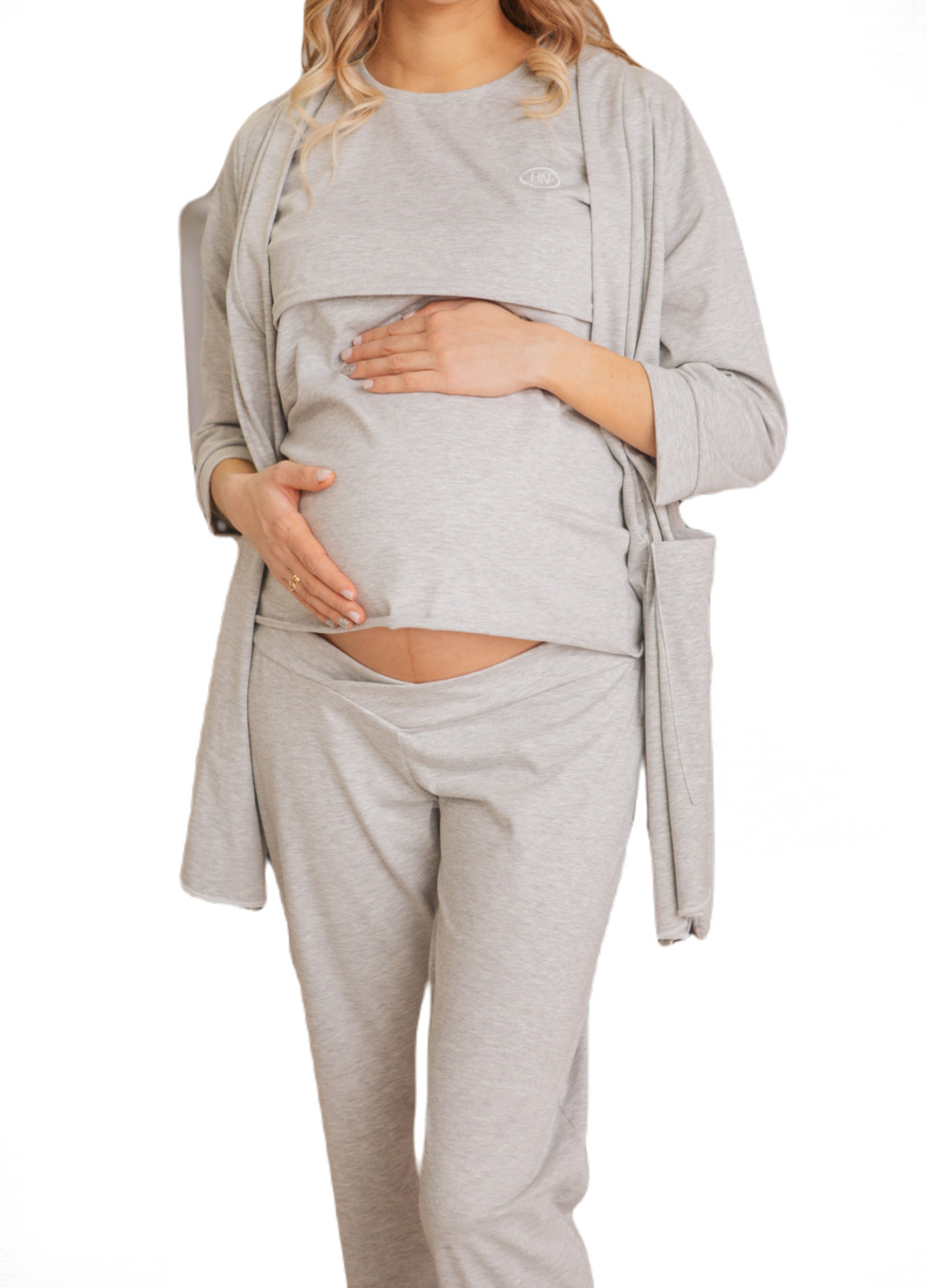 6601(55)8829603(55)03 Комплект для беременных и кормящих (Укороченный халат, футболка, брюки) Серый HN рита (223533256)