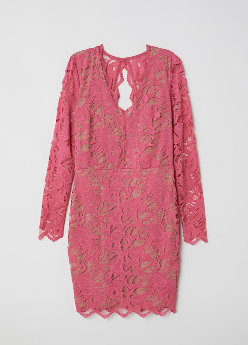 Розовое коктейльное платье кружевное H&M с цветочным принтом