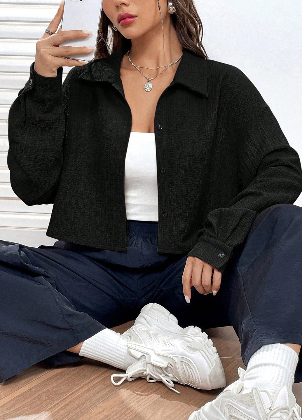 Черная кэжуал рубашка однотонная SHEIN