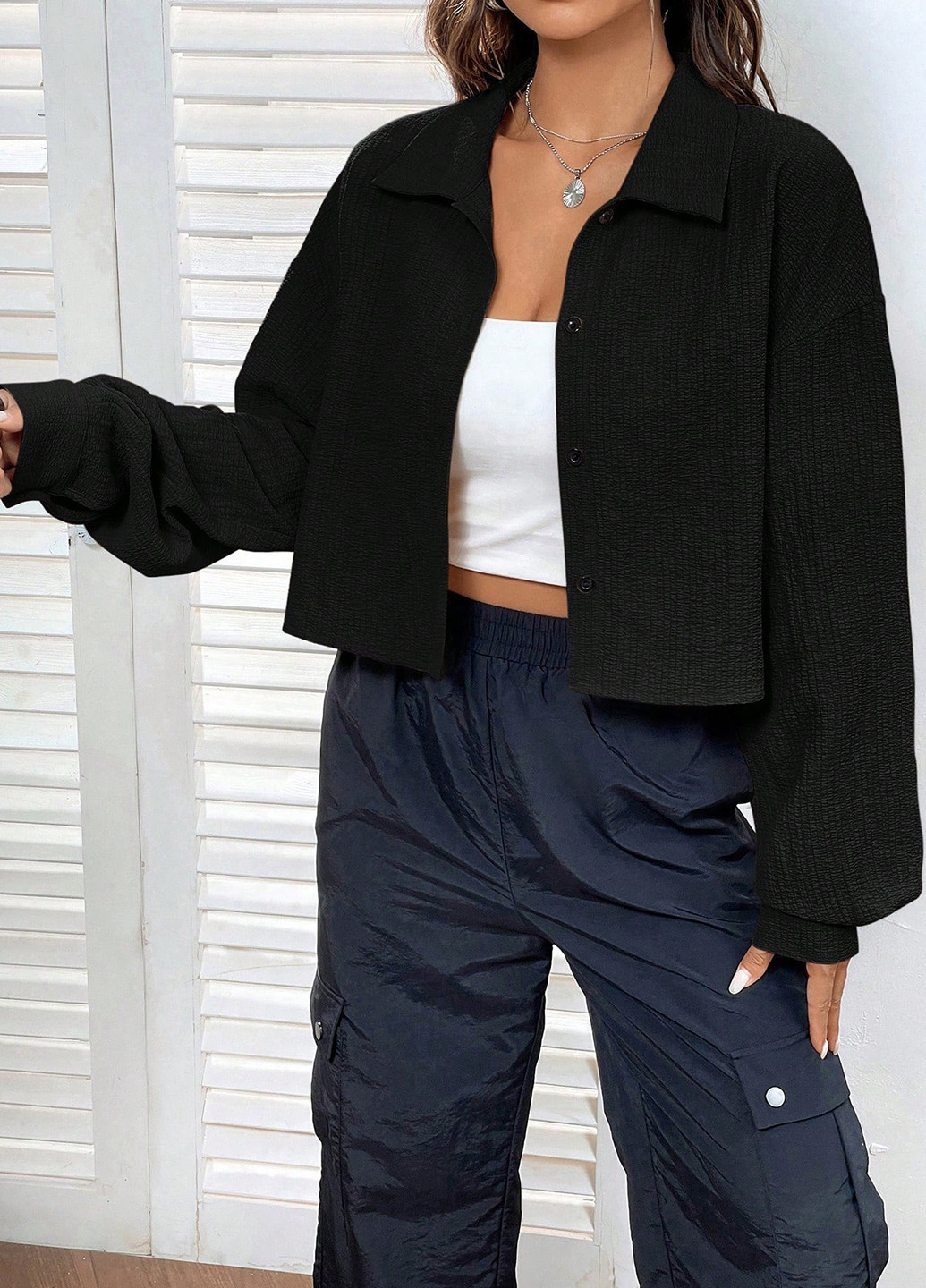 Черная кэжуал рубашка однотонная SHEIN