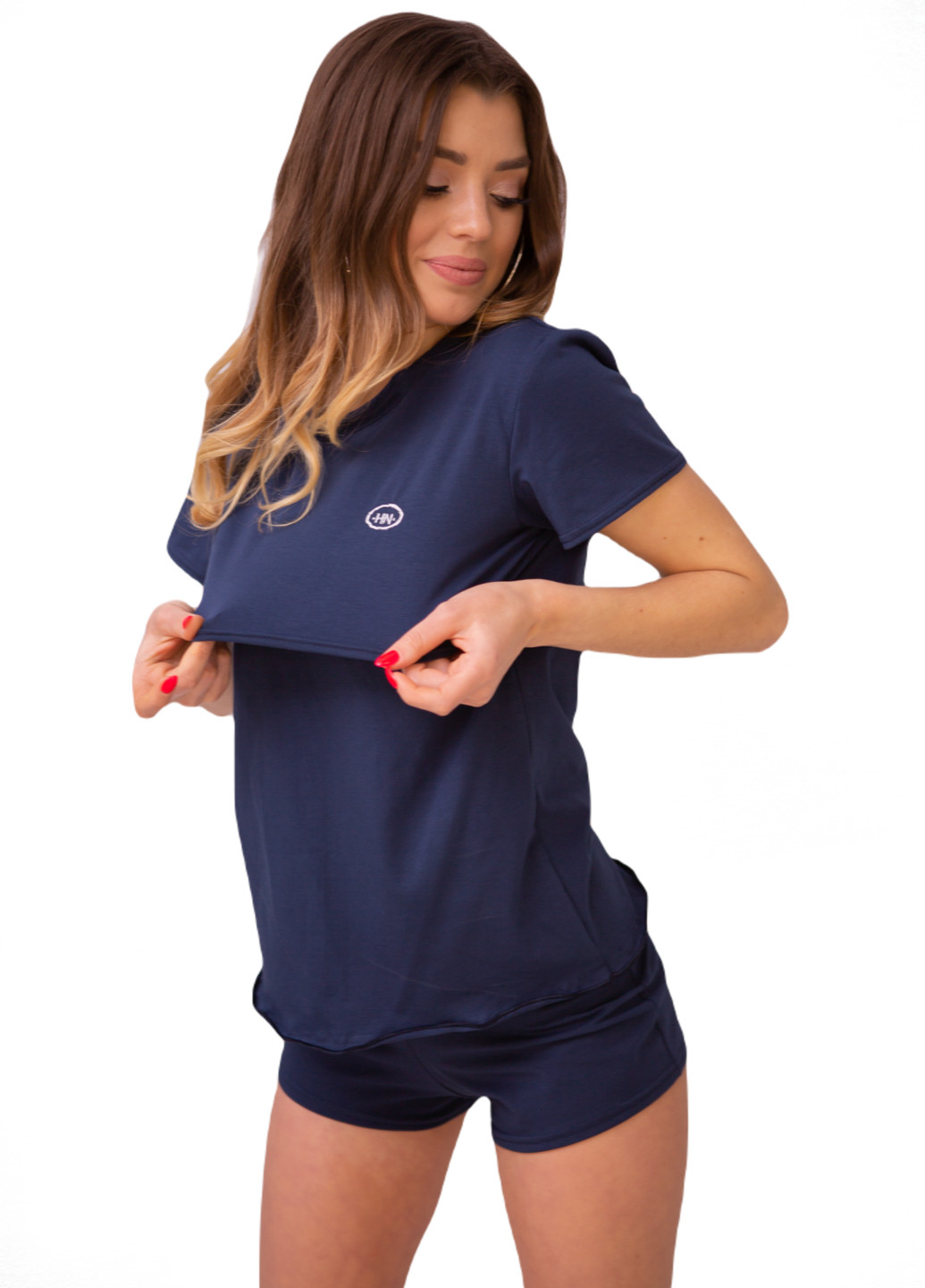 Синяя всесезон 8829(55)02 пижамная футболка для беременных и кормящих с секретом для кормления синяя HN Рита
