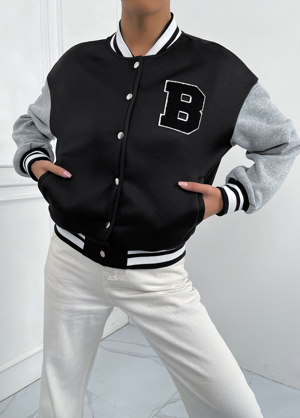 Бомбер SHEIN бейсбольний на кнопках (340648607)